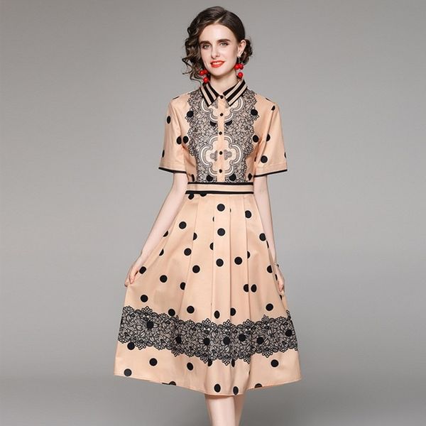 

summer fashion elegant women high waist polka dot pleated dress turn down collar single breasted casual slim casual dresse 210531, Black;gray