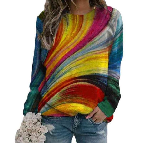 

spring autumn women t-shirts s-5xl large size loose casual colour printed o neck long sleeve pullover elegant ladies t-shirt 210522, White