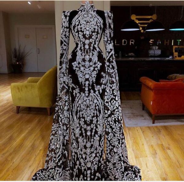 Vestido de noite Mulheres Pano de Alto pescoço de Manga Longa Sereia Preto EmbroideryLong Dress Kim Kardashian Kylie Jenner Yousef Aljasmi Cannes Festival de Cinema