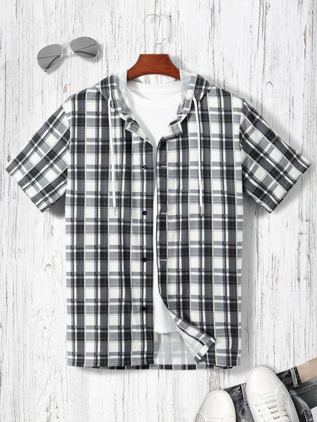 

men plaid drawstring hooded shirt without tee v5oe#, White;black