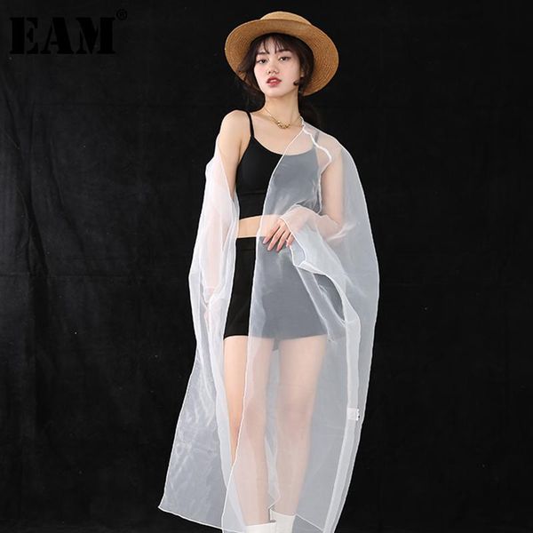 

[eam] women white organza long big size blouse v-collar sleeve loose fit shirt fashion tide spring autumn 2021 jt55900 women's blouses