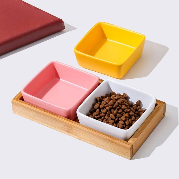 

cat and puppy square ceramic bowl, wooden tray, leak-proof, small pet feeder, durable, multiple colors, supplies bowls & feeders