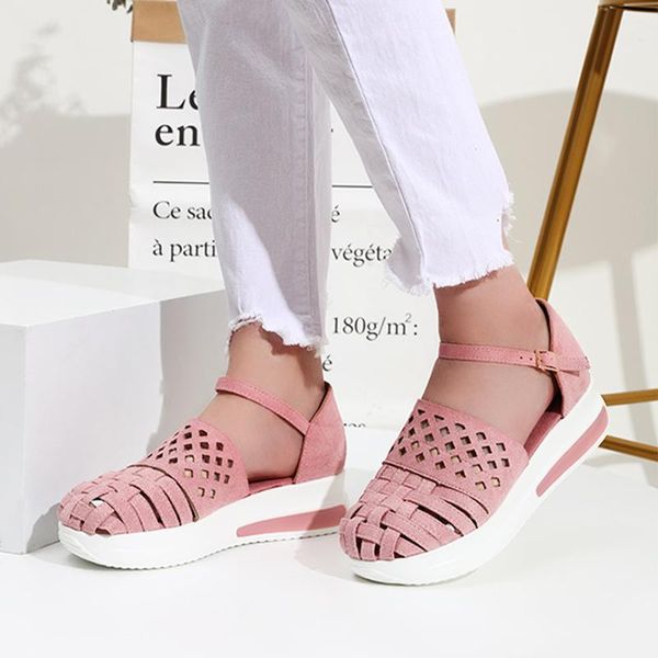 

sandals women summer hollow out buckle strap weaving cover heel female shoes thick bottom non slip candy colors women's footwear, Black