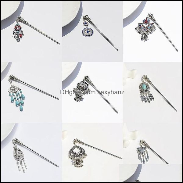 

jewelry hair clips & barrettes boho vintage ethnic gypsy tibet sier plated long carved flower stone beads tassel sticks for women pins drop, Golden;silver