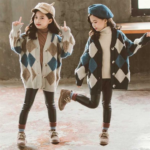 Kinder Mädchen Pullover Herbst und Winter koreanische karierte Strickjacke große Kinder europäische und amerikanische Diamantjacke 211011