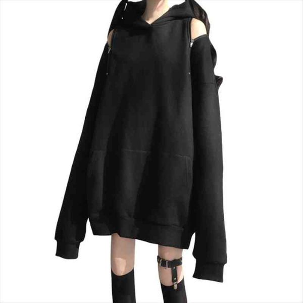 

autumn gothic women oversized long hoodies loose solid zip hollow out shoulder sweatshirts darkness pullover pocket top, Black