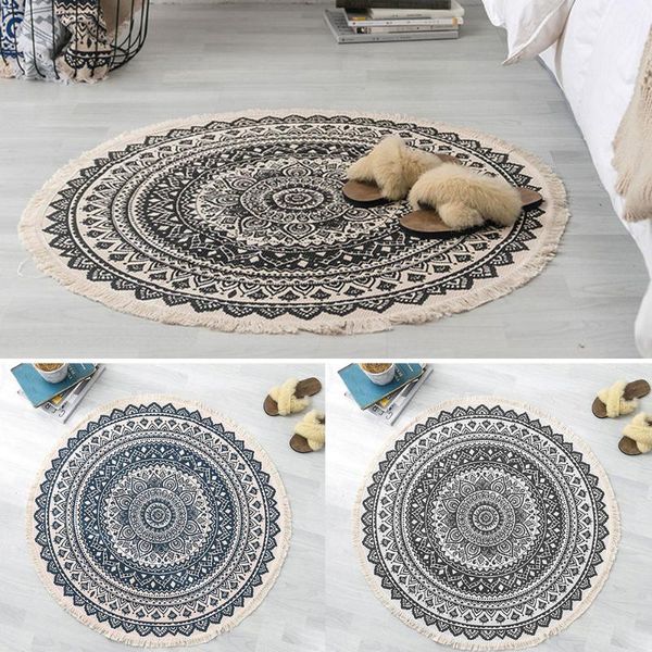 

carpets 90cm retro boho round carpet bedroom style tassel cotton rug hand woven national classic tapestry sofa cushion floor mats