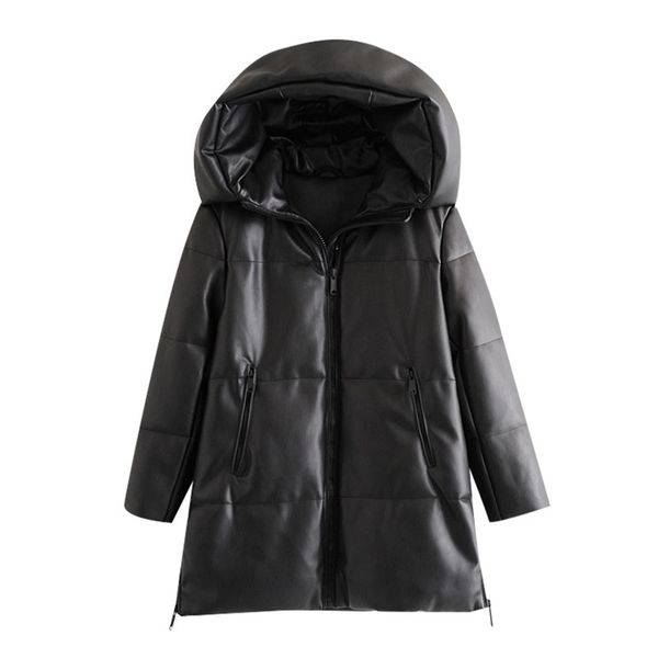 

bbwm women winter fashion thick warm faux leather parkas vintage hooded long sleeve padded jacket female chic overcoat 211102, Black