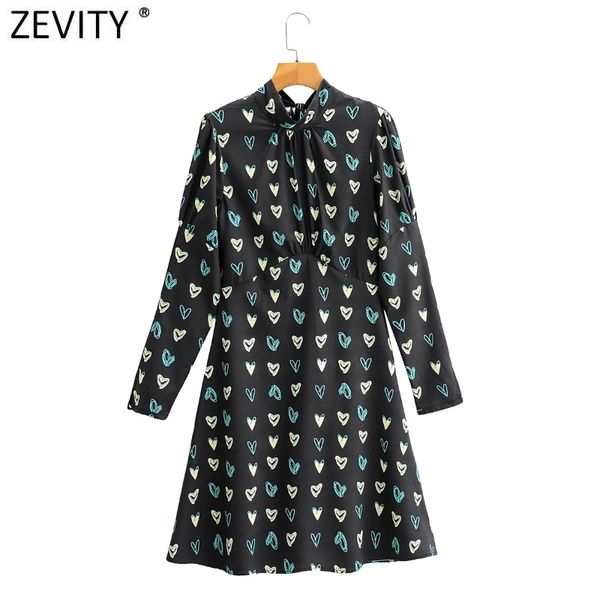 

zevity women sweet hearts print pleats mini dress female back bow tied casual slim cloth chic zipper party vestido ds4682 210419, Black;gray
