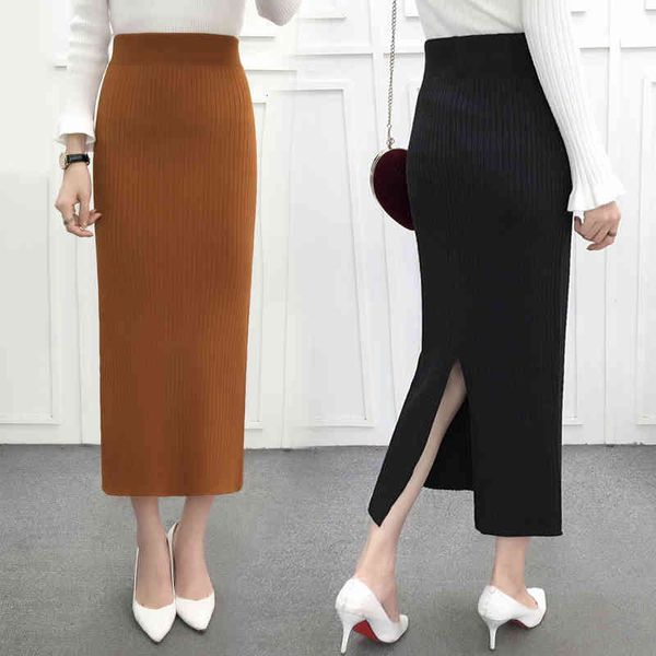 

skirts spring maxi long knitted split hip package side buttons ol knit autumn burgundy green khaki oz5q, Black