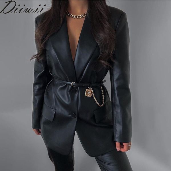 

women's leather & faux diiwii women black jacket single breasted lapel pocket long sleeve high street fashion winter coat