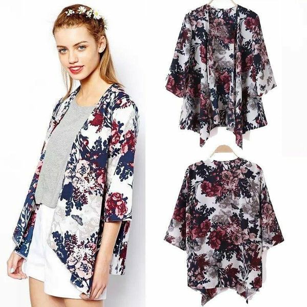 

women chiffon kimono cardigan butterfly floral printed blouse summer beach cover ups long casual loose shirt women's swimwear, White;black