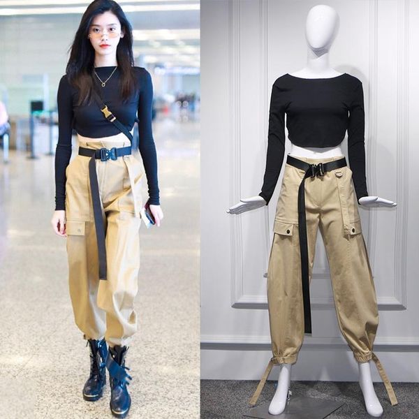 

women's two piece pants women set 2021 autumn high-waisted khaki loose tooling trousers+black halter black belt chinese actress clothin, White