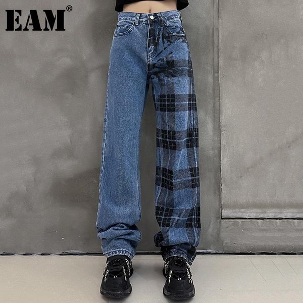 

women's jeans [eam] high waist blue plaid long wide leg denim loose women trousers fashion tide spring autumn 2021 1dd9323