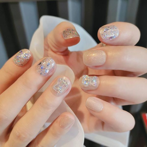 

false nails 24pcs little bear nail patch glue type removable short paragraph fashion manicure save time sk88, Red;gold