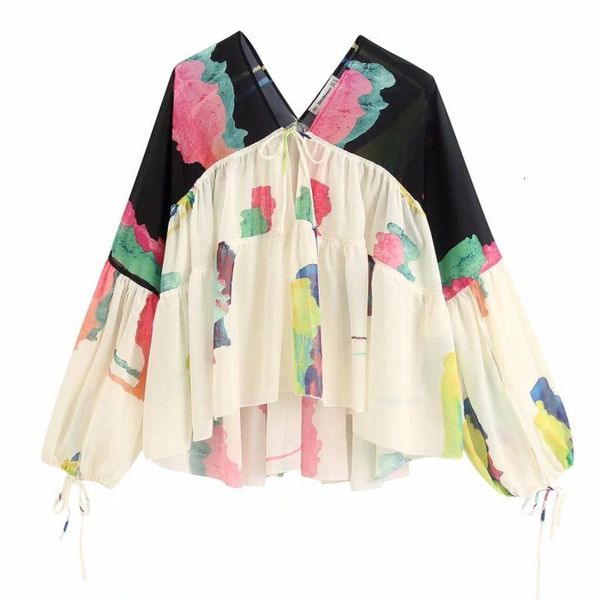 

women's blouses & shirts flabbit summer women neck joining together chiffon long sleeve printing chest lace-up cuff casual blouse lx134, White