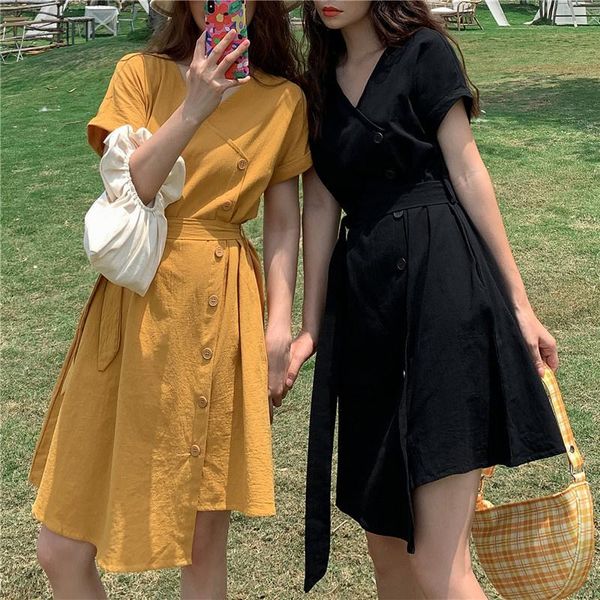 

casual dresses french sweet girly style robes lace-up waist irregular vestidos women's summer dress v-neck loose slimming lace up shirt, Black;gray
