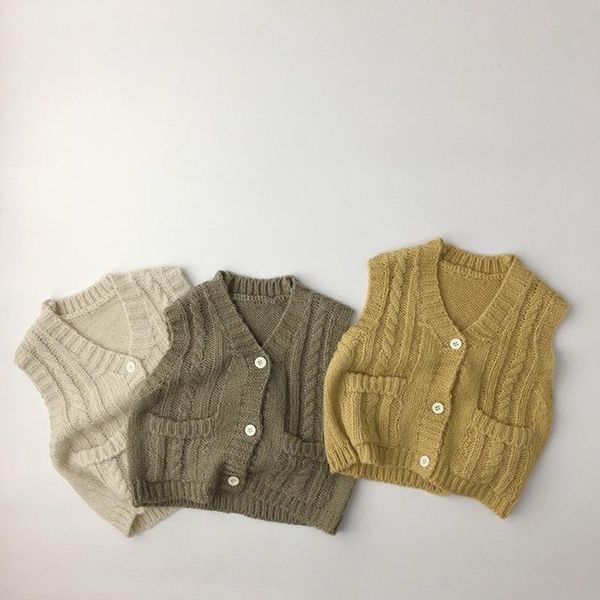 

pullover toddler girl winter clothes knitted sleeveless boys cardigan vest double pocket children mohair sweater solid color waistcoat, Blue
