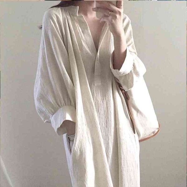 

korean style loose solid cotton linen lantern sleeve shirt dresses women mid-length v-neck over-the-knee white dress 210615, Black;gray