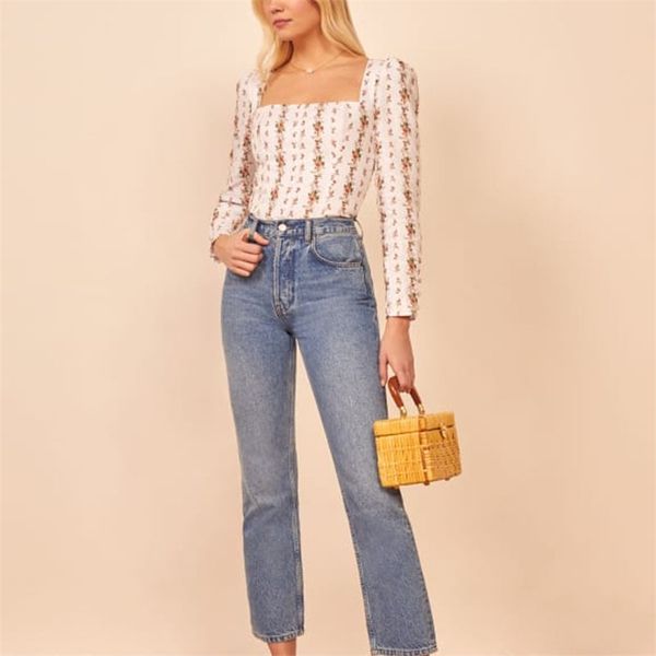 

summer women's shirt casual flower printed square collar long sleeve 210430, White