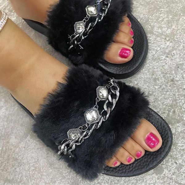 

sandals ladies 2021 fashion summer women shoes diamond hairy woman fur plus size zapatos mujer1, Black