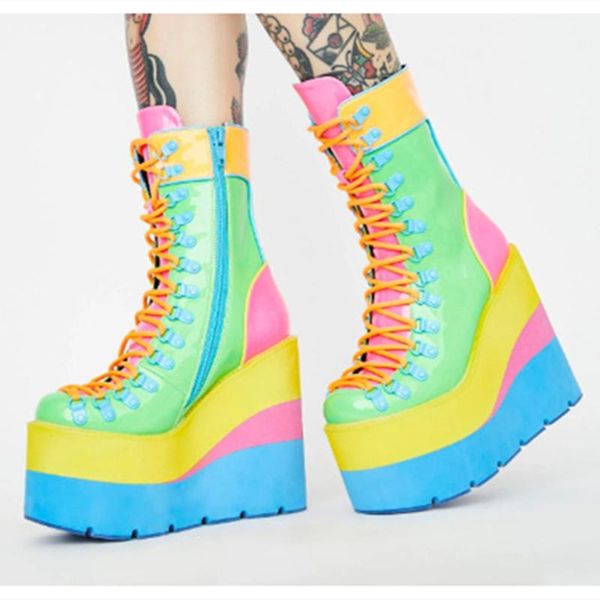 

boots mkkhou fashion short women's 2021 spring color high-lace-up thick-soled mid-tube women large size 34-43, Black