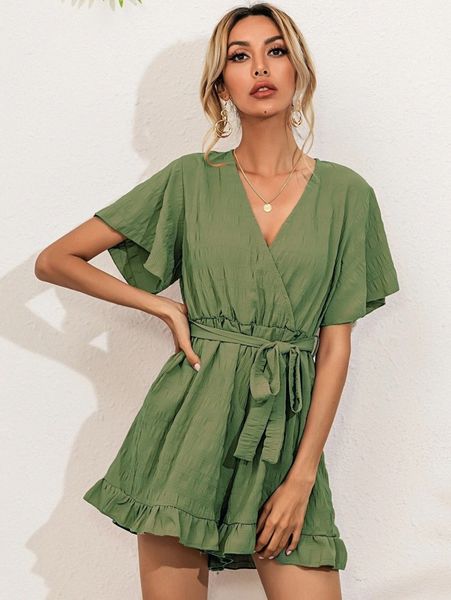 

surplice neck belted ruffle hem romper e1oh#, White