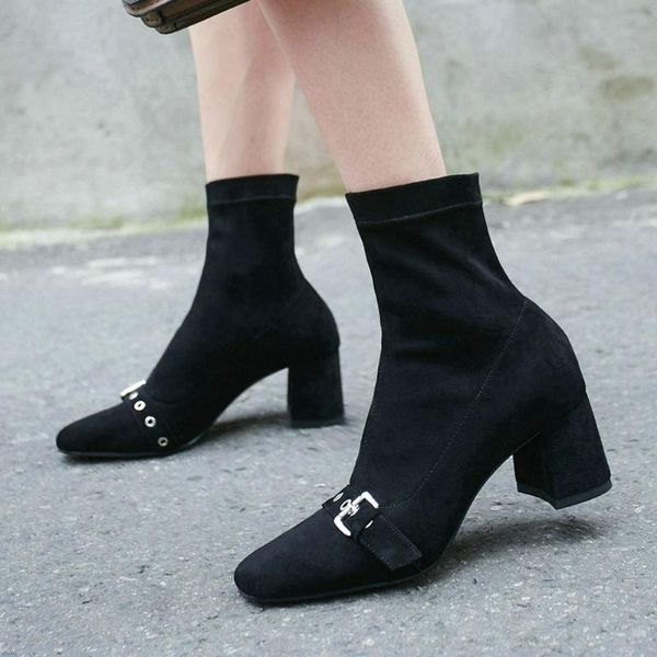 

boots eshtonshero women ankle shoes woman square high heel flock pointed toe platform black ladies motorcycle size 3-11