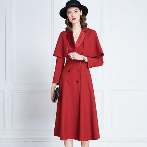

women's trench coats solid mid long red windbreaker dress women winter and autumn wear 2021 sleeve double breasted lace up waist overco, Tan;black
