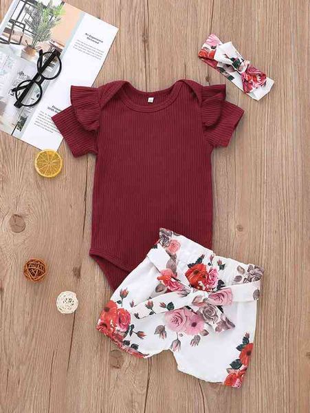 

baby girl rib-knit bodysuit with floral shorts with headband she, Blue