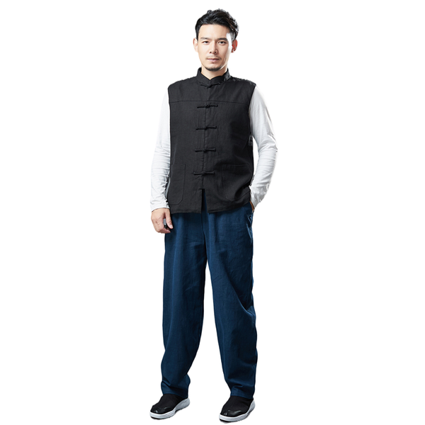 

men's pants chinese style casual fashion trousers ramie elastic waisted, Black
