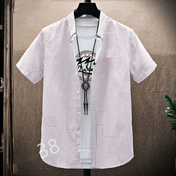 

2021 fashion ironing business short sleeve shirt men's lazy style casual stripe checked size -3xl#09, White;black