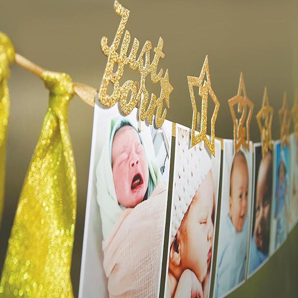 12 Mesi Glitter Cartella Foto Con Digital Star Crown Fiocco Di Neve Banner Per L'età Del Bambino Ricordi Di Registrazione Baby Shower Prima Festa Di Buon Compleanno Un Anno Battesimo Decor