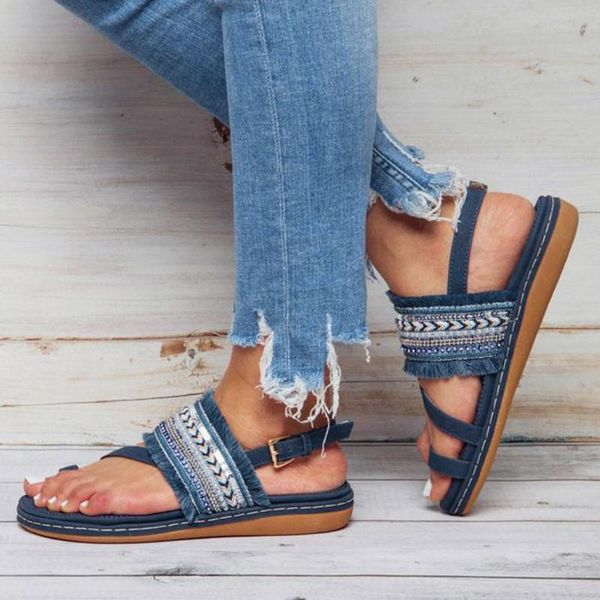 

sandals women national style buckle strap flat beach shoes flip flop open toe breathable bohemia, Black