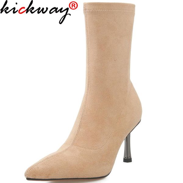 

boots kickway classic stretch autumn winter women ankle concise office lady casual high heels shoes woman side zip 43, Black