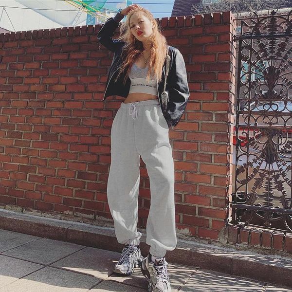 

women's pants & capris nshypoi the solid color high-waist loose hip-hop style tie-leg casual lace-up warm sports, Black;white