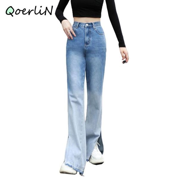 

vintage gradient jeans women split trousers female high waist 2021 fashion zipper flared pants straight jean denim women's, Blue