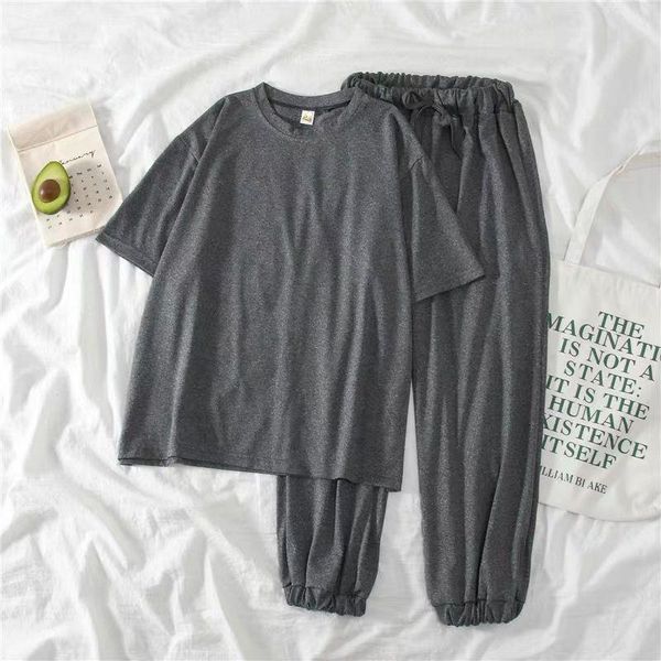 

summer clothes solid loose shirt women tracksuits casual sporting elastic harem pant suit two piece female outfits m14, Gray