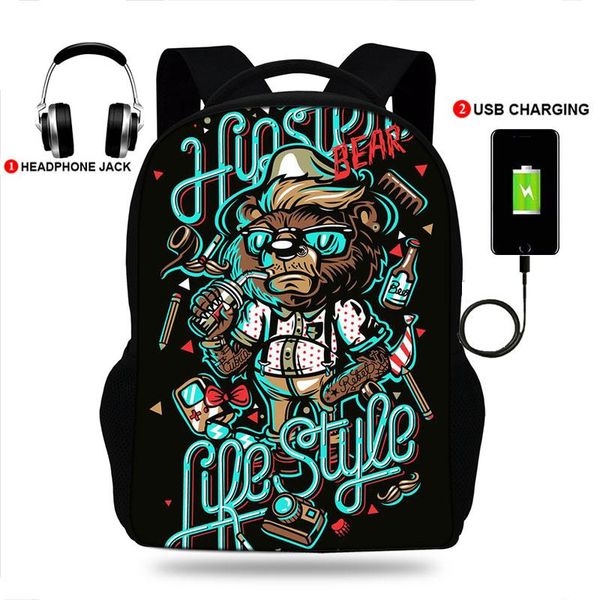 

backpack usb charging school animals bag cool bear printed schoolbag for teenager boys girl knapsack