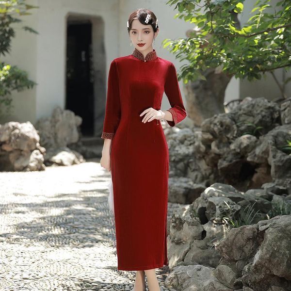 

ethnic clothing high split evening party dress gown long qipao velour slim cheongsam mandarin collar women vintage beads chinese vestid, Red