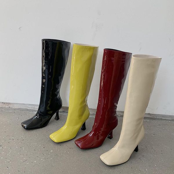

boots fashion women knee high square toe wine red/yellow/black/beige thin heels zipper closed winter woman size 35-39