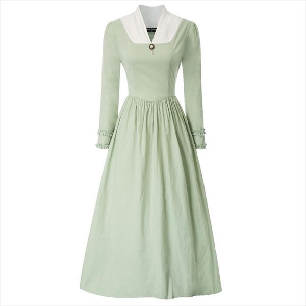 

elegant renaissance cotton long sleeve womens dress v neck belt ruffle a line swing retro party evening, Black;gray