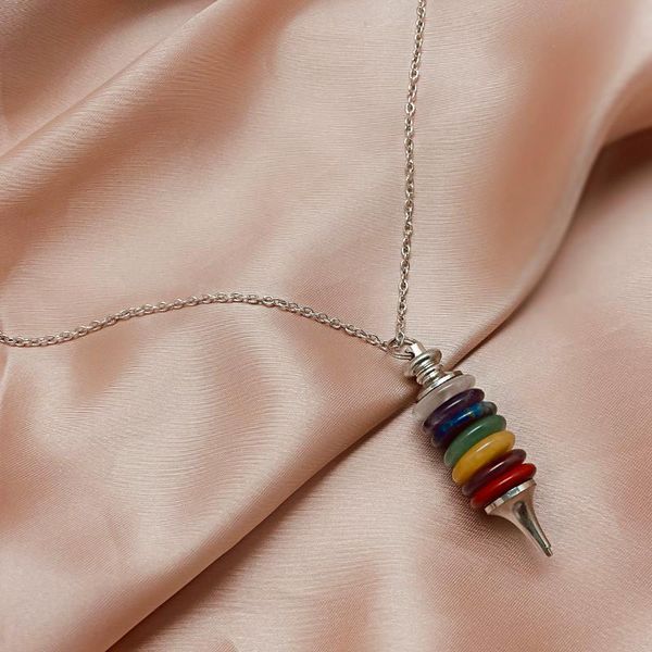

pendant necklaces rainbow colors natural stone necklace stainless steel chain 7 chakra for men women healing yoga jewelry, Silver