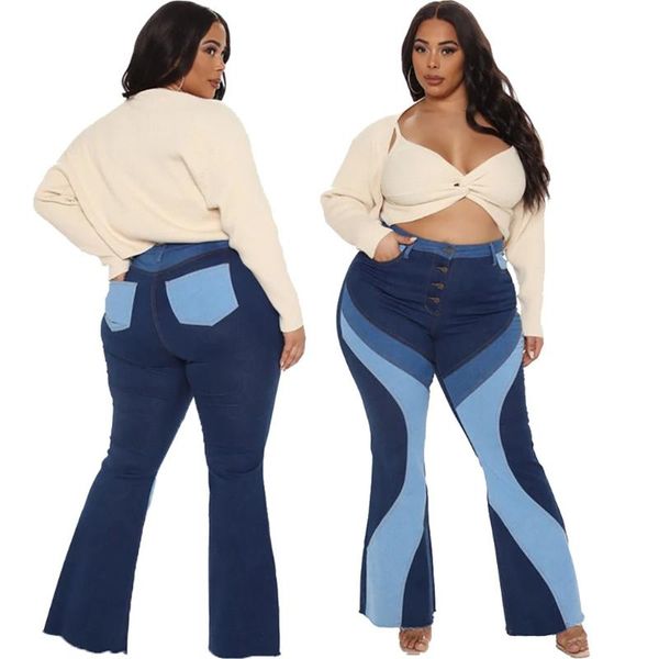 

women's jeans shzq contrast color patchwork women plus size high waist single-breasted streetwear stretch denim flared pants 2021 autum, Blue