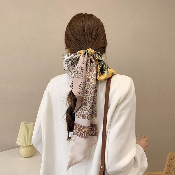 

scarves 145*13cm narrow long small silk women fashion decorative hairband elegant scarf 9 colors available, Blue;gray