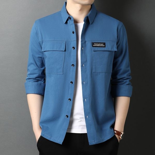 

autumn and winter 2020 new youth long sleeve shirt men's solid color thickened tooling cotton shirt pocket men's jacket, White;black