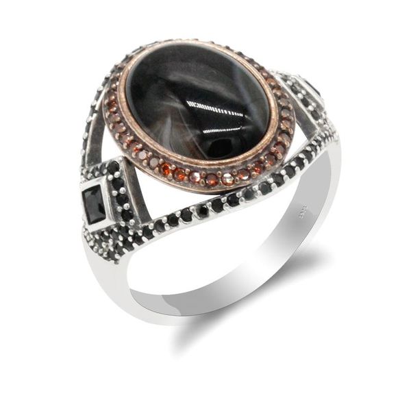 

cluster rings 925 sterling silver agate men ring oval natural stone with cz vintage hollow design for male women antique jewelry, Golden;silver