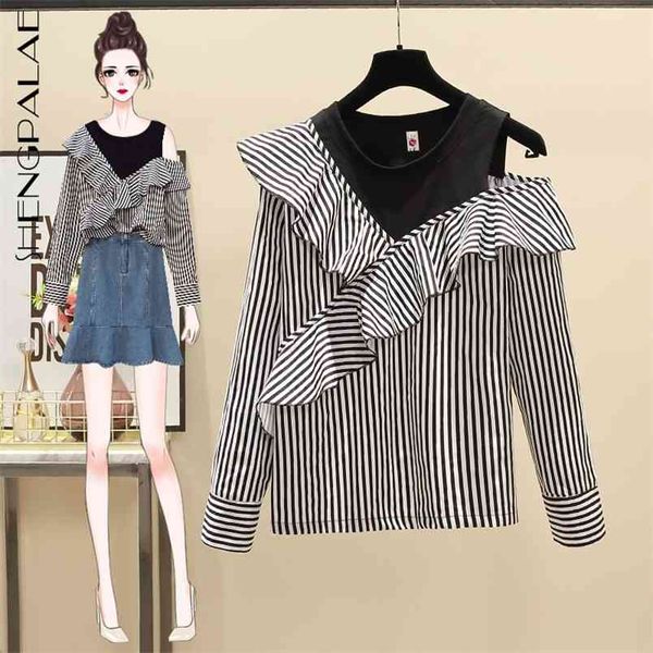 

elegant blouse women's spring ruffled large size fake two pieces off shoulder long sleeve striped shirt 210427, White