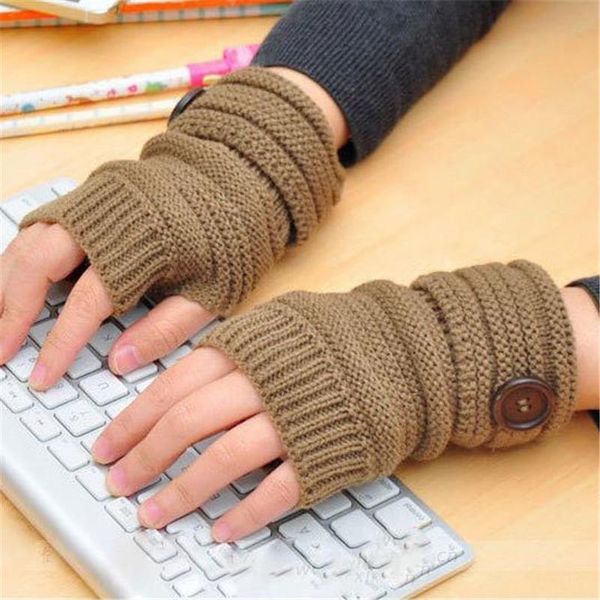 

fashion men women knitted fingerless winter gloves soft warm mitten solid color wrist without fingers button decor five, Blue;gray