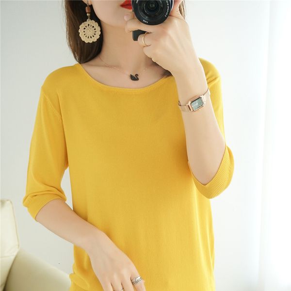 

t-shirt summer thin ice silk short women's solid round neck loose 7 / 6 knitted t-shirt simple half sleeve sweater, White